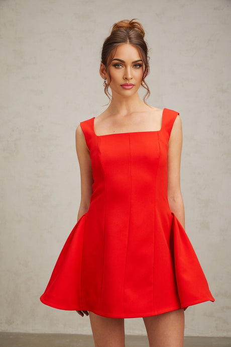 Red Margherita mini dress with square neckline and puff sleeves