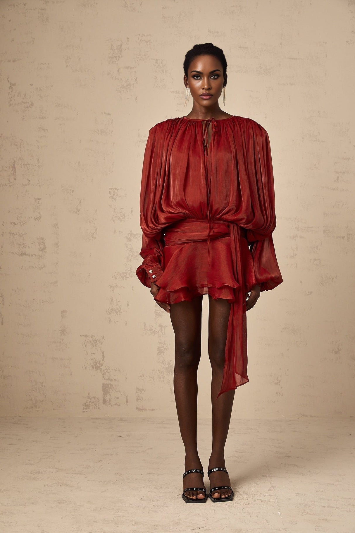 Red mini dress with full pleats and ruffles named Eugenie