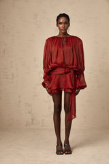Red mini dress with full pleats and ruffles named Eugenie