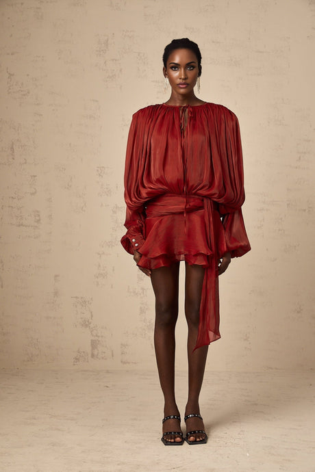 Red mini dress with full pleats and ruffles named Eugenie