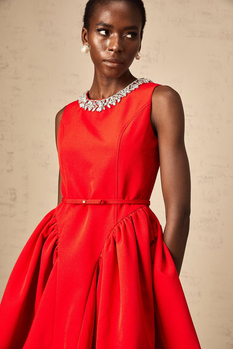 Red mini dress with pleated design and embellishments named Leonie