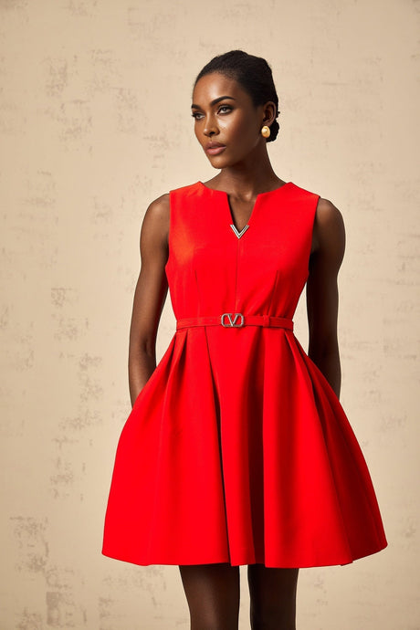 Red mini dress with split neckline and cinched waist