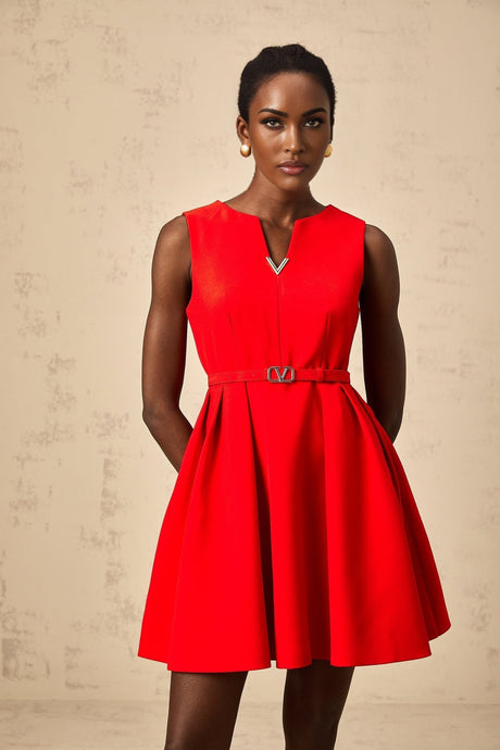 Red mini dress with split neckline and cinched waist