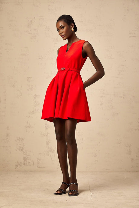 Red mini dress with split neckline and cinched waist