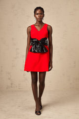 Red mini dress with Vneck and sequin bow detail
