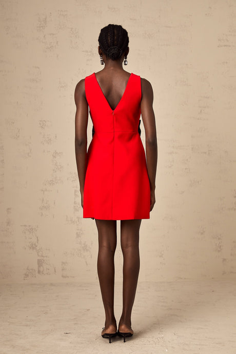 Red mini dress with Vneckline and sequin bow detail