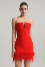 Red Moss Strapless Feather Bandage Mini Dress