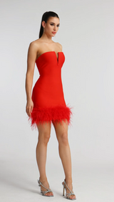 Red Moss Strapless Feather Bandage Mini Dress
