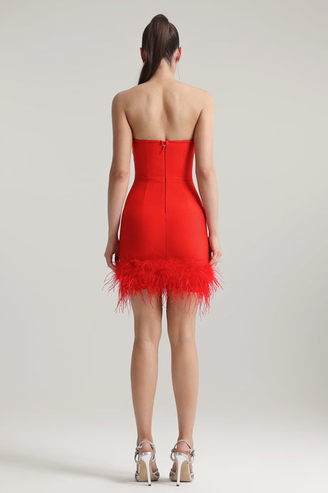 Red Moss Strapless Feather Bandage Mini Dress