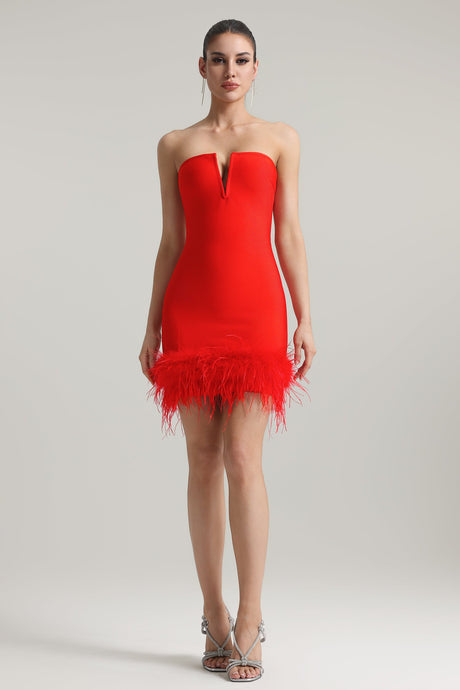 Red Moss Strapless Feather Bandage Mini Dress