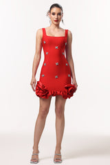 Red Nomi Sleeveless Diamond Flowers Mini Dress