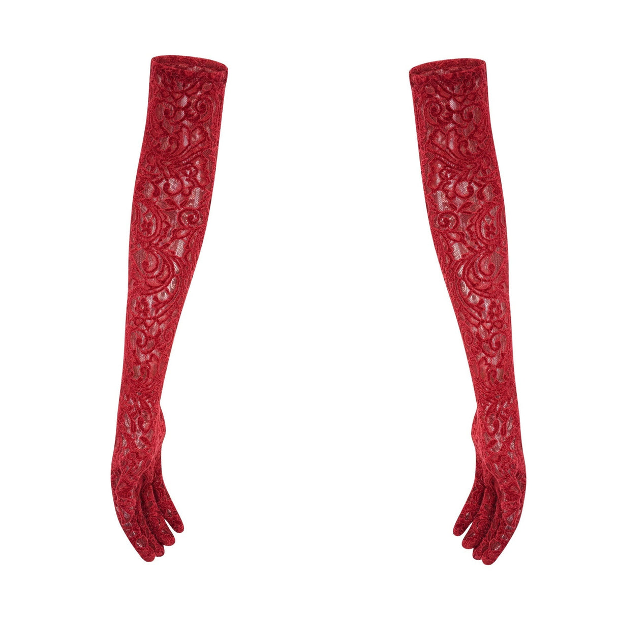Red ornate Belle midi dress with gloves
