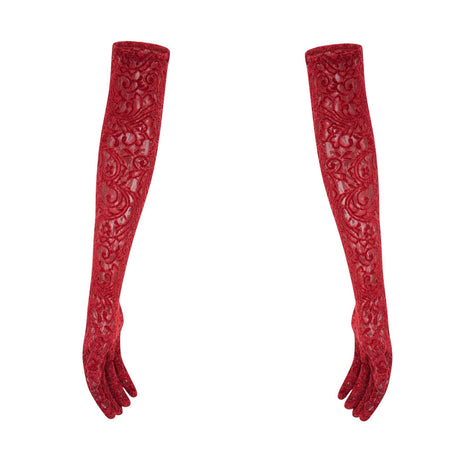 Red ornate Belle midi dress with gloves