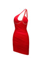 Red Paisley Satin Mini Dress with Asymmetric Neckline and Intricate Detailing