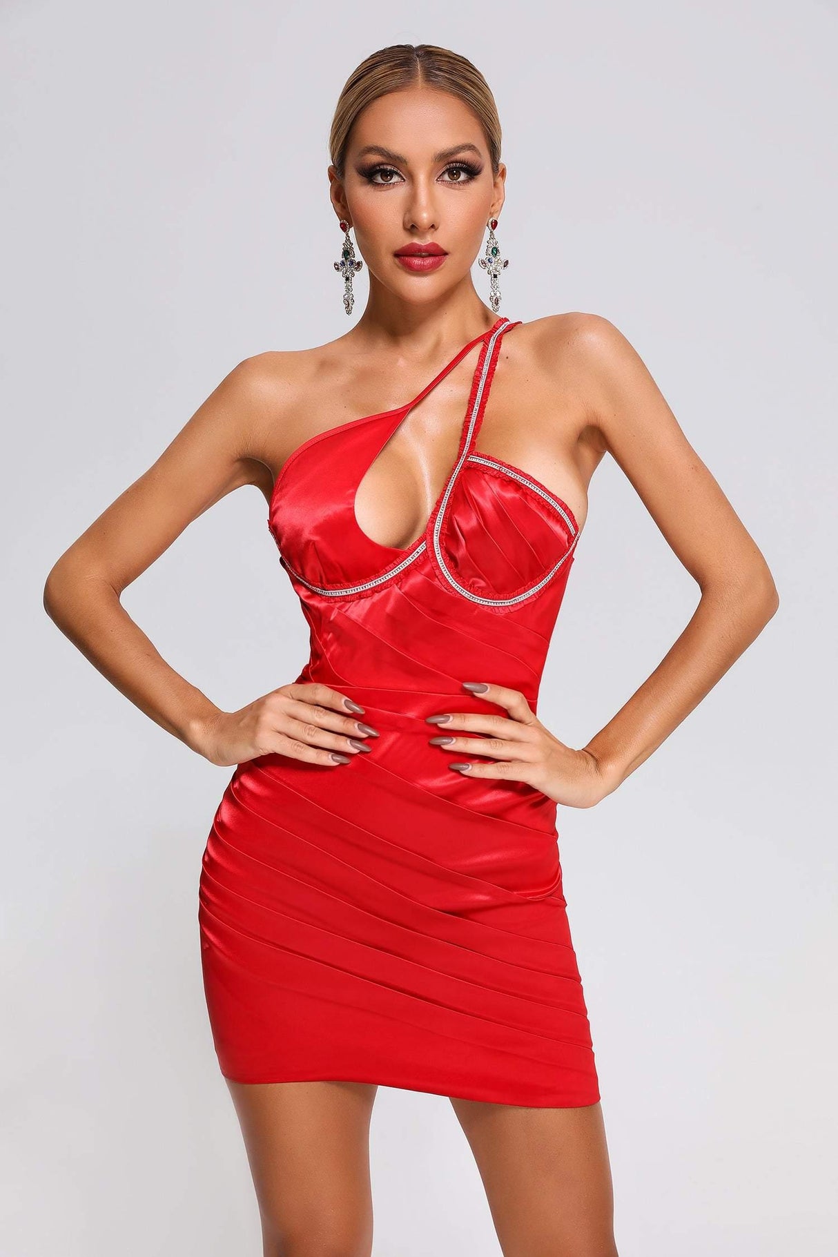 Red Paisley Satin Mini Dress with Asymmetric Neckline and Intricate Detailing
