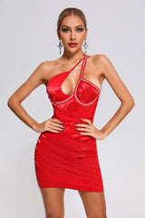 Red Paisley Satin Mini Dress with Asymmetric Neckline and Intricate Detailing