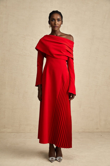 Red pleated maxi dress with high slit for Valentines Day