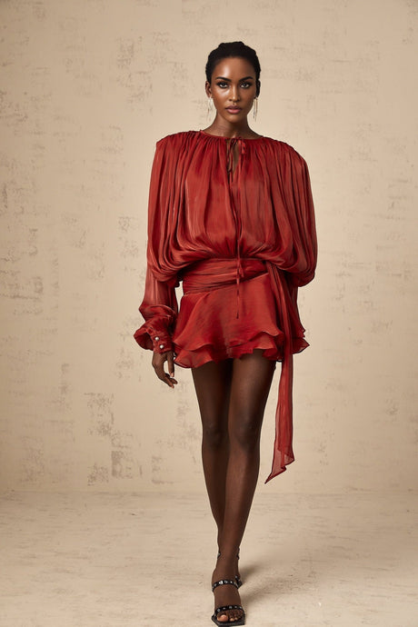 Red pleated mini dress with ruffles and full skirt named Eugenie