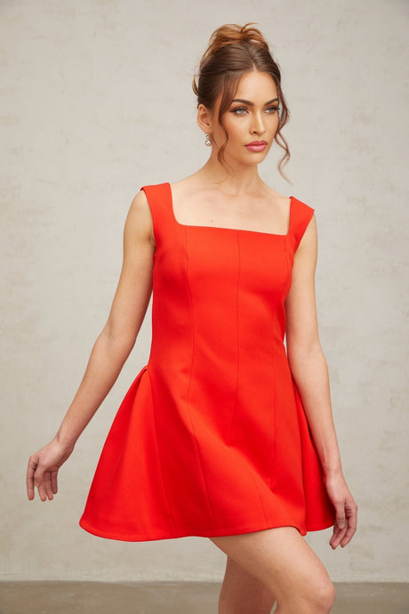 Red square neck mini dress with puff sleeves and Margherita style design