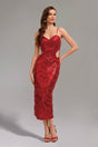 Red Teresa Pearl Sequin Midi Dress with captivating silhouette and intricate pearl and sequin detailing