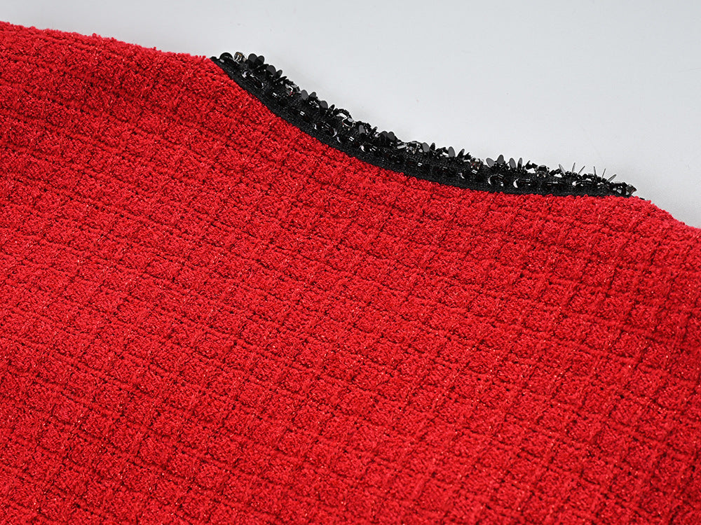 Red Tweed Chanel-Inspired Jacket and Skirt Set with Pocket Bows