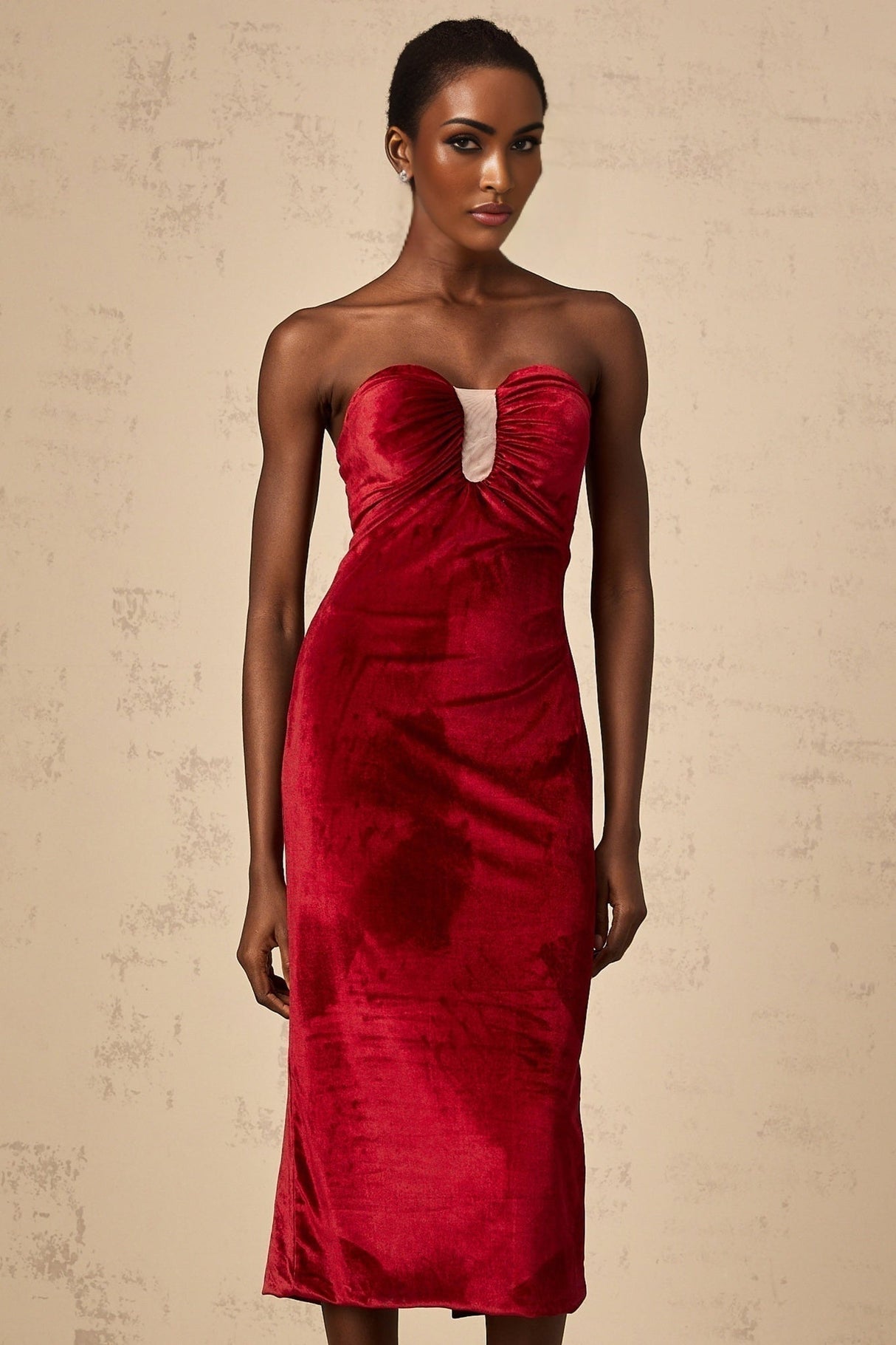 Red velvet midi dress with gathered details named Tiphaine