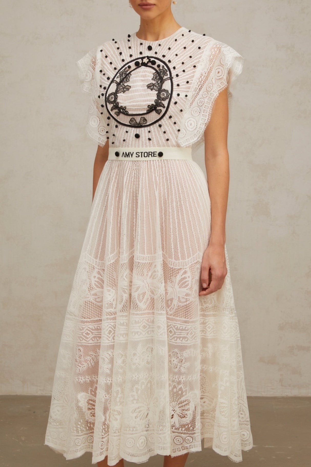 Remi Floral Midi Dress in White & Black with Jacqaurd Weave & Pleated Details