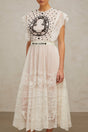 Remi Floral Midi Dress in White & Black with Jacqaurd Weave & Pleated Details