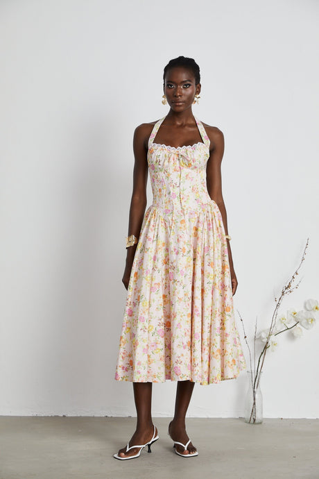 Remi Floral Midi Dress Pink Halterneck with Pleated Bustier & Corset Style