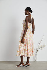 Remi Floral Midi Dress Pink Halterneck with Pleated Bustier & Corset Style