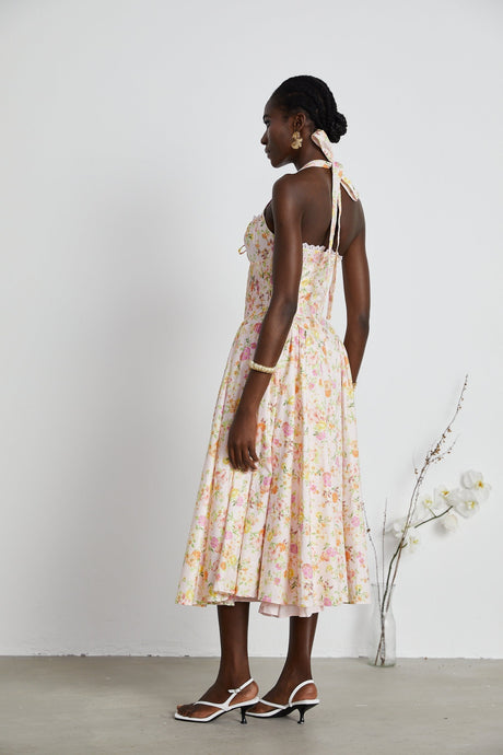 Remi Floral Midi Dress Pink Halterneck with Pleated Bustier & Corset Style