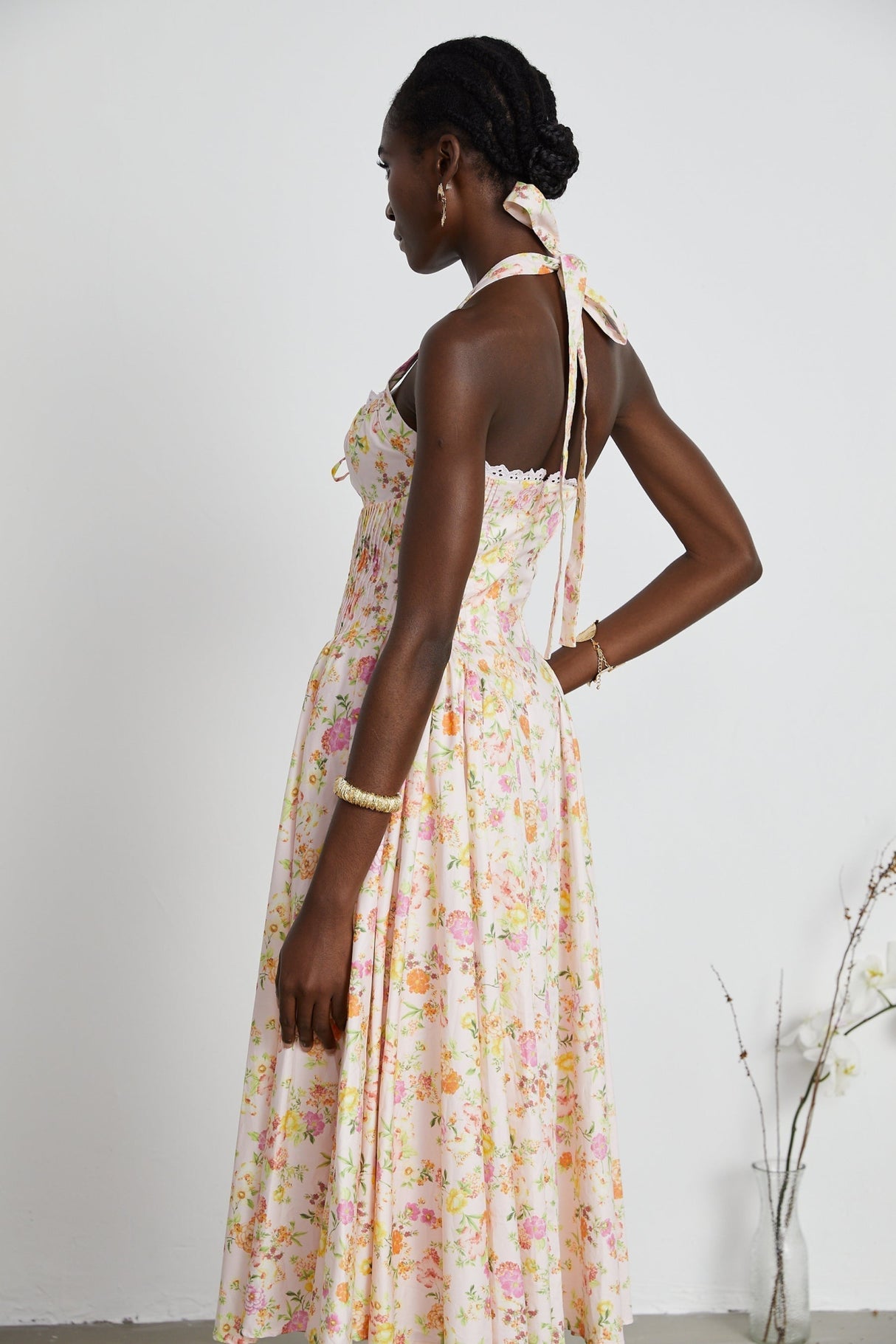 Remi Floral Midi Dress Pink Halterneck with Pleated Bustier & Corset Style