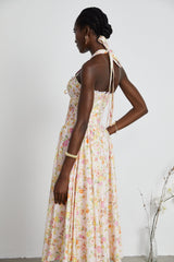 Remi Floral Midi Dress Pink Halterneck with Pleated Bustier & Corset Style