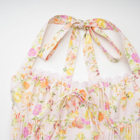 Remi Floral Midi Dress Pink Halterneck with Pleated Bustier & Corset Style