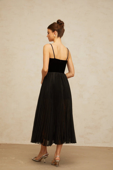 Remi Midi Dress Black & White Velvet Panel Ruffle Slit
