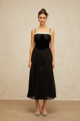 Remi Midi Dress Black & White Velvet Panel Ruffle Slit