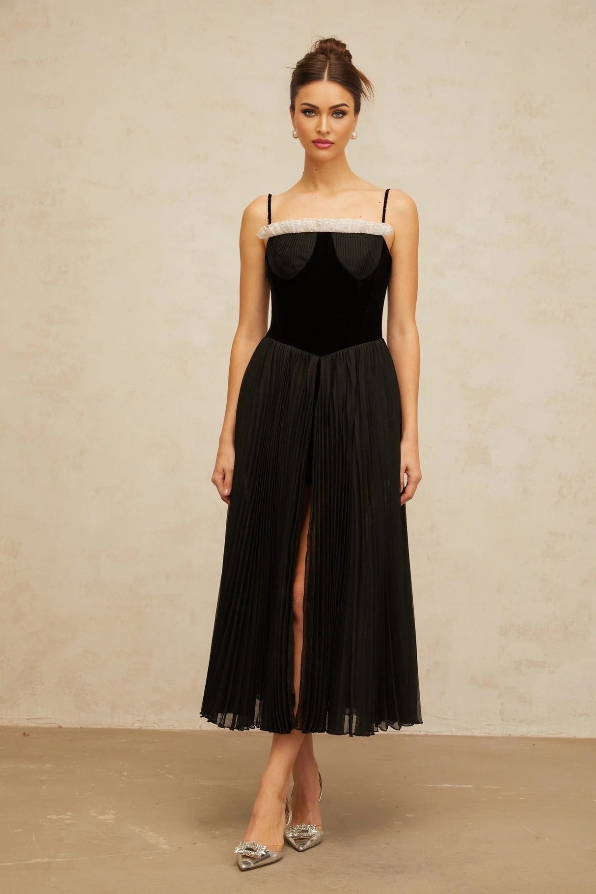 Remi Midi Dress Black & White Velvet Panel Ruffle Slit