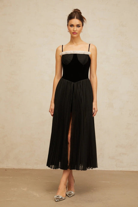 Remi Midi Dress Black & White Velvet Panel Ruffle Slit