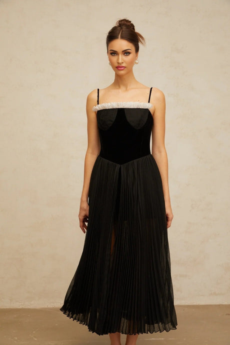 Remi Midi Dress Black & White Velvet Panel Ruffle Slit