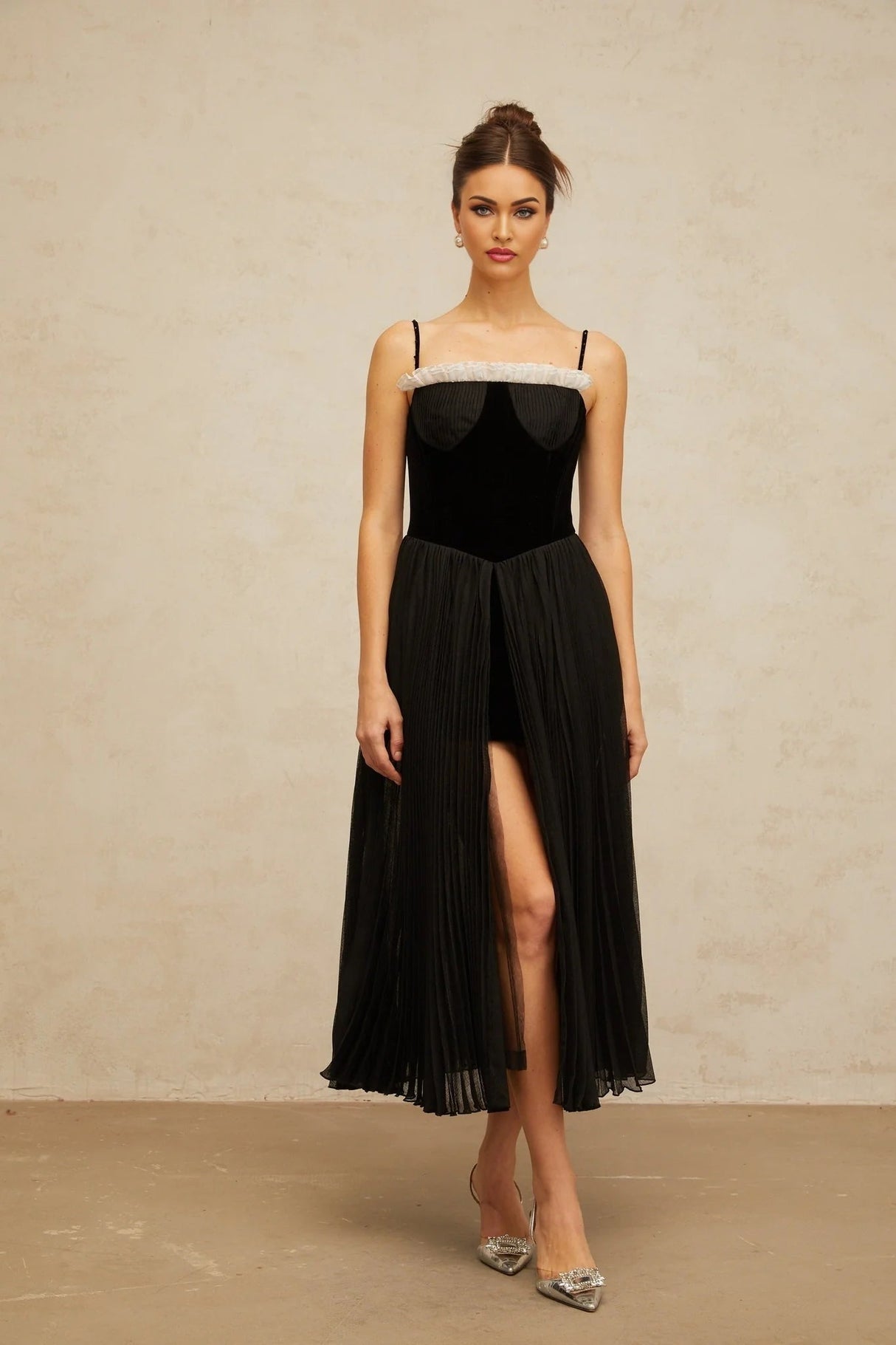 Remi Midi Dress Black & White Velvet Panel Ruffle Slit