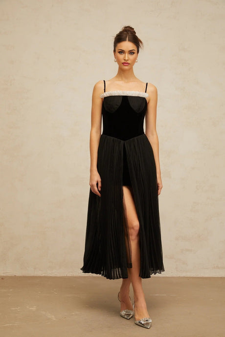 Remi Midi Dress Black & White Velvet Panel Ruffle Slit