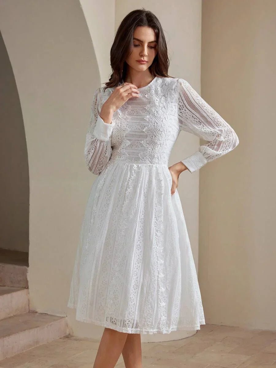 Remi Midi Dress - Round Neck - Bishop Sleeve - High Waist - Elegant - Colorblock