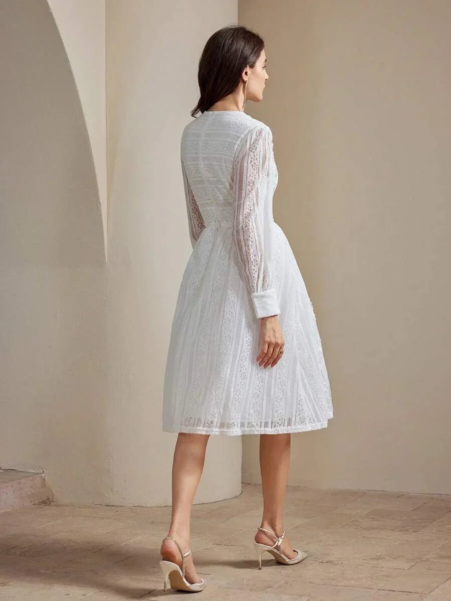 Remi Midi Dress - Round Neck - Bishop Sleeve - High Waist - Elegant - Colorblock