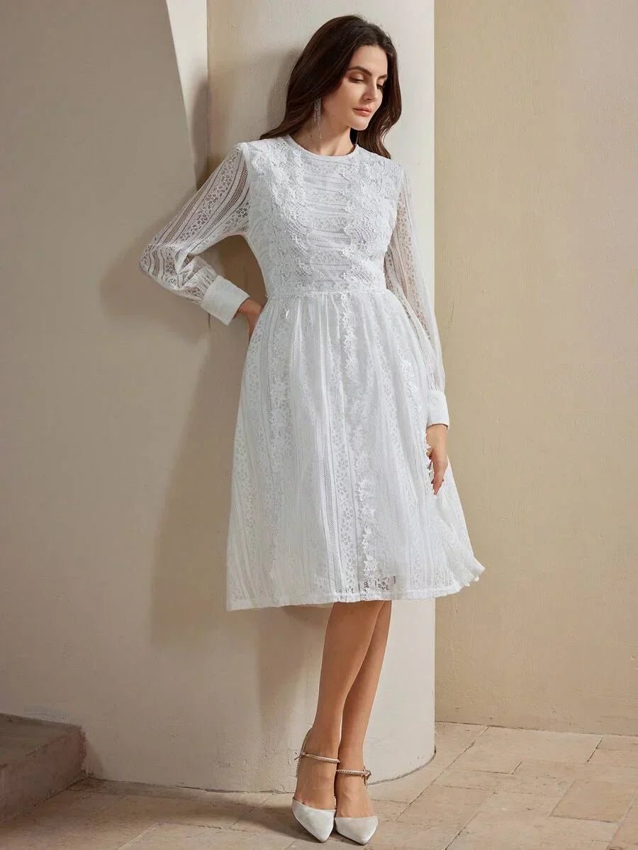Remi Midi Dress - Round Neck - Bishop Sleeve - High Waist - Elegant - Colorblock