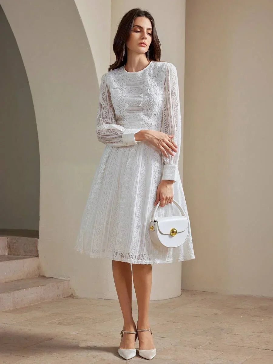 Remi Midi Dress - Round Neck - Bishop Sleeve - High Waist - Elegant - Colorblock