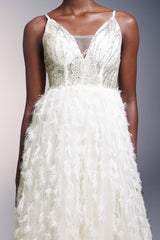 Remi White Sequin Feather Maxi Dress V Neckline Formal Evening Gown