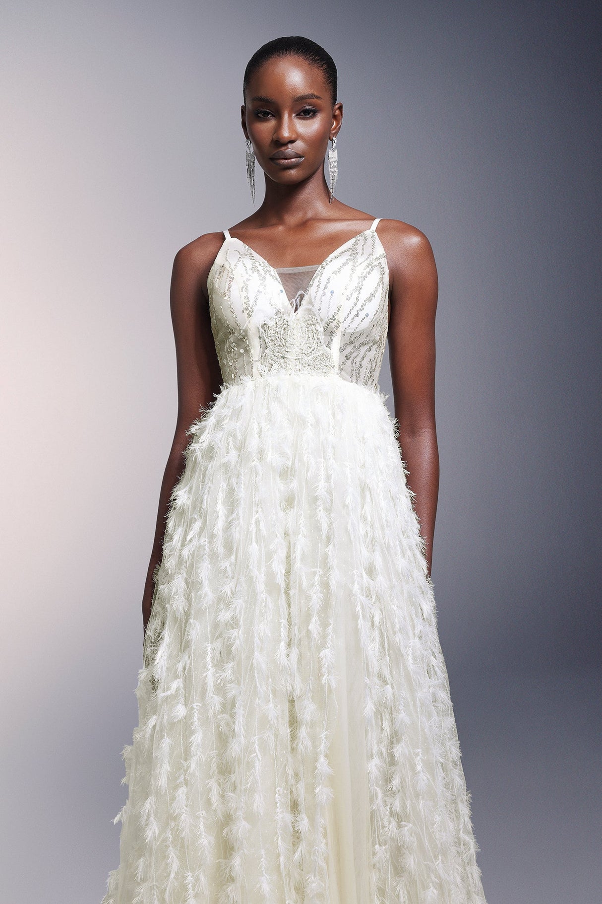 Remi White Sequin Feather Maxi Dress