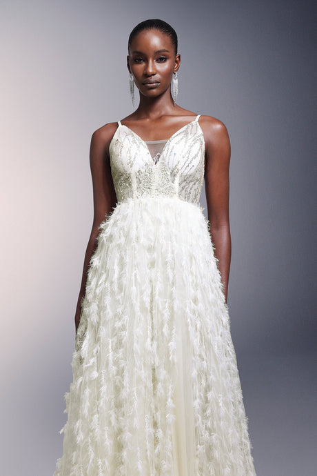 Remi White Sequin Feather Maxi Dress