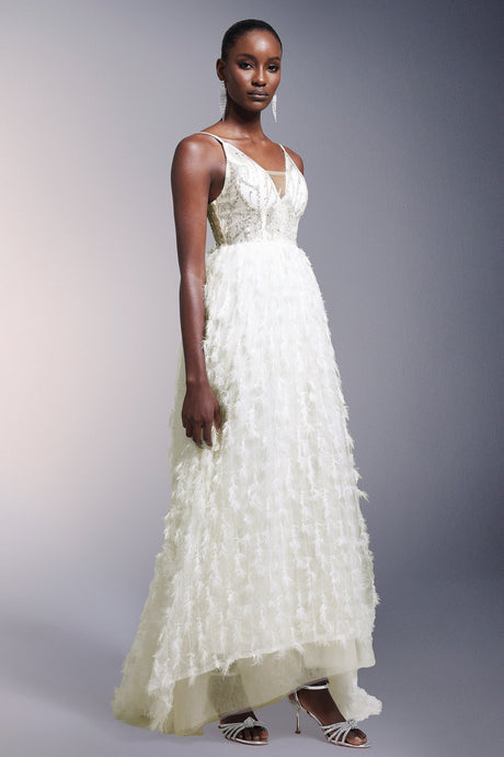 Remi White Sequin Feather Maxi Dress
