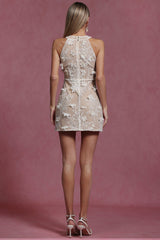 Renata Beige Halter Sleeveless Lace Mini Dress with Sheer Floral Detailing